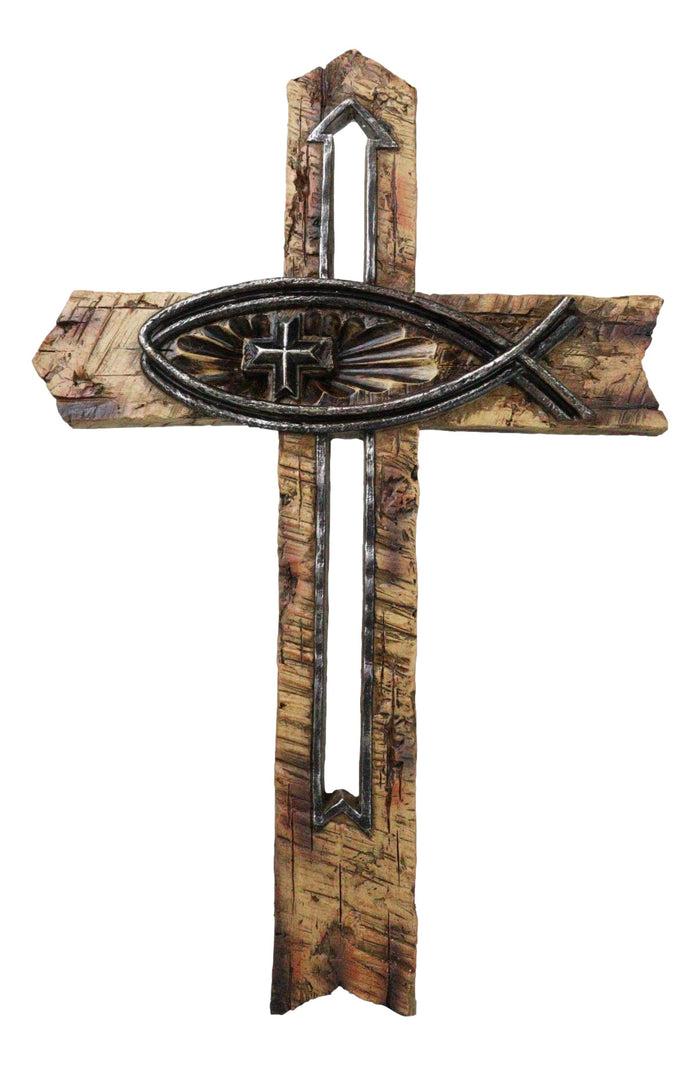 ebros gift Rustic Horizontal Ichthys Jesus Fish Symbol With Arrows Faux Wooden Wall Cross