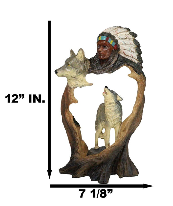 Ebros Gift Rustic Howling Wolves And Indian Chief In Headdress Forest Scene Cutout Figurine