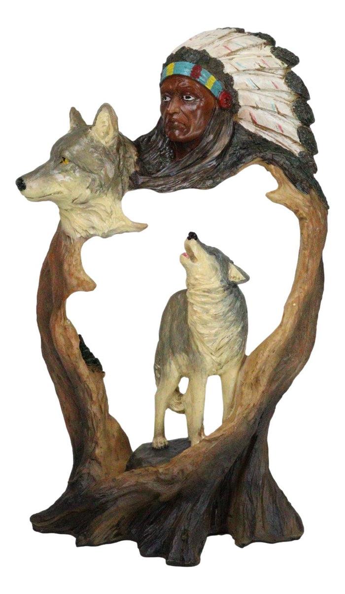 ebros gift Rustic Howling Wolves And Indian Chief In Headdress Forest Scene Cutout Figurine