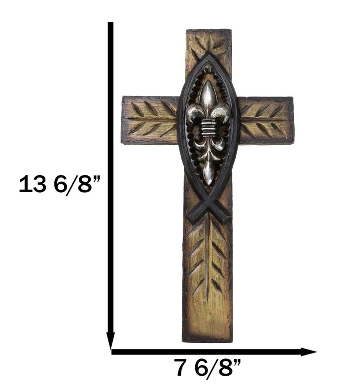 Ebros Gift Rustic Ichthys Jesus Fish With Fleur De Lis Olive Carving Faux Wood Wall Cross