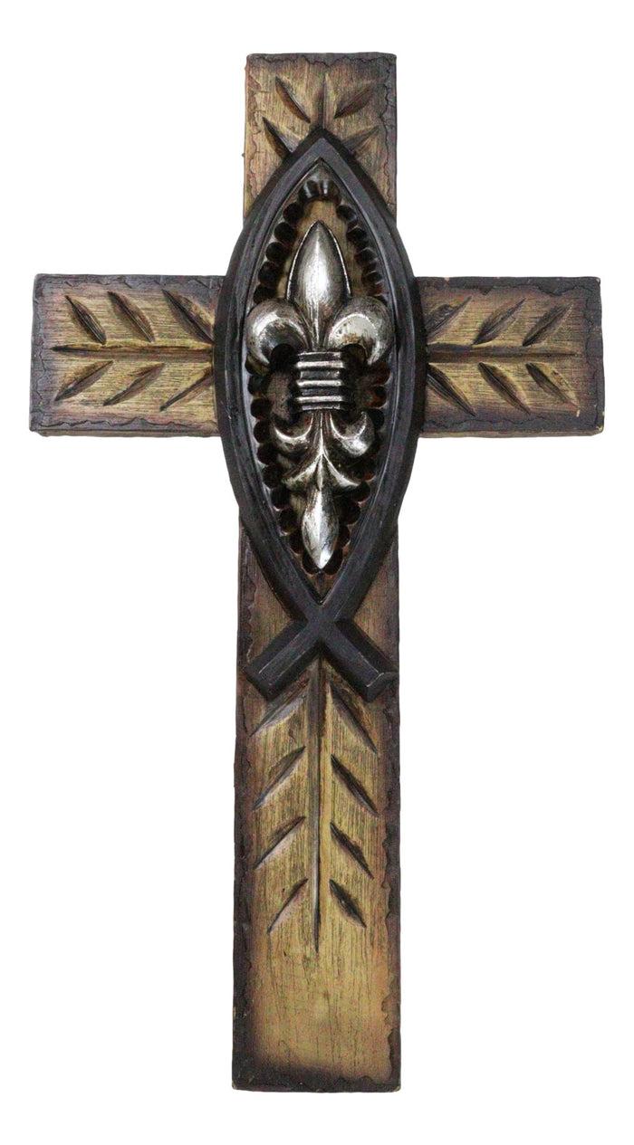 ebros gift Rustic Ichthys Jesus Fish With Fleur De Lis Olive Carving Faux Wood Wall Cross