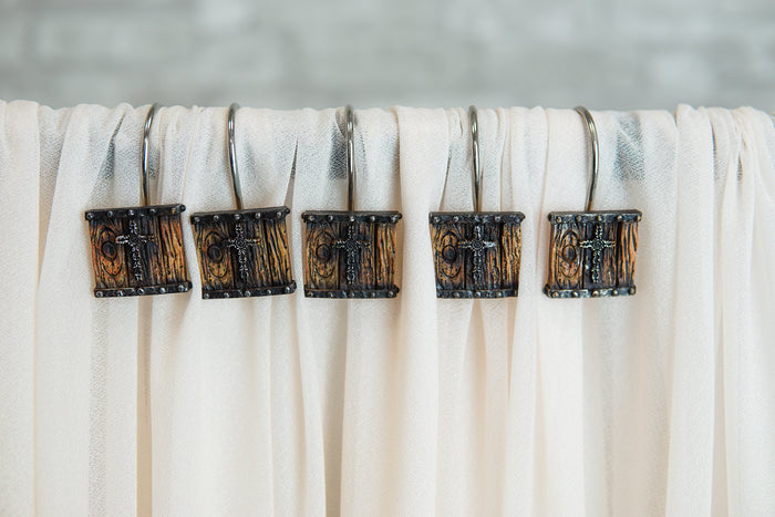 Ebros Gift Rustic Lace Scroll Cross On Faux Wood Grain Bathroom Shower Curtain Hooks 12pk