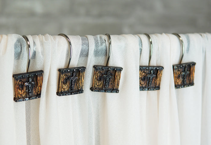 ebros gift Rustic Lace Scroll Cross On Faux Wood Grain Bathroom Shower Curtain Hooks 12pk