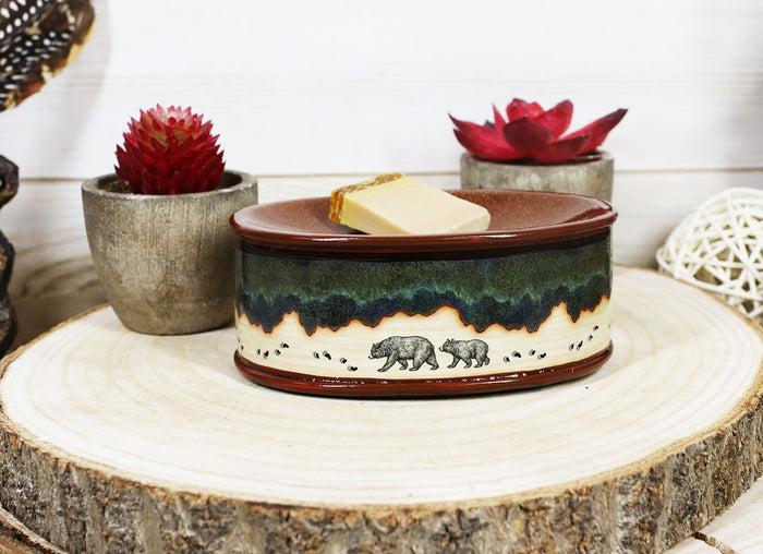 Ebros Gift Rustic Lodge Cabin Black Bear & Cub Country Paw Trail Bar Soap Dish Tray Holder