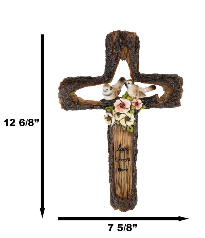 Ebros Gift Rustic Love Grows Here Birds On Branch Flowers Faux Wooden Tree Bark Wall Cross