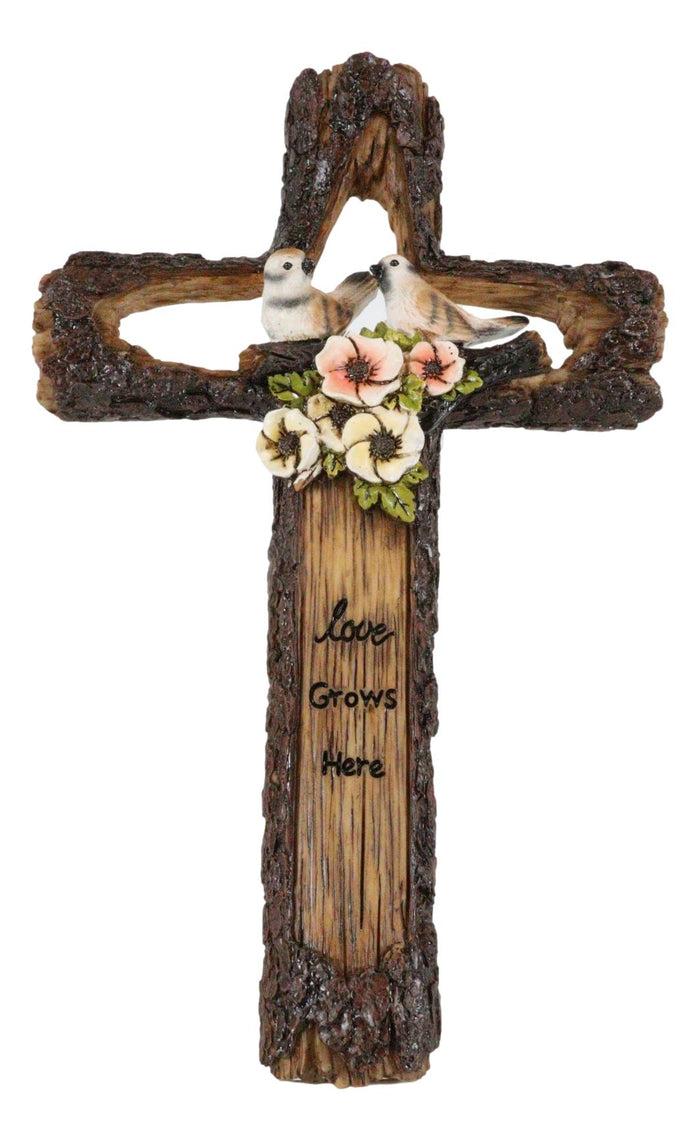 Ebros Gift Rustic Love Grows Here Birds On Branch Flowers Faux Wooden Tree Bark Wall Cross