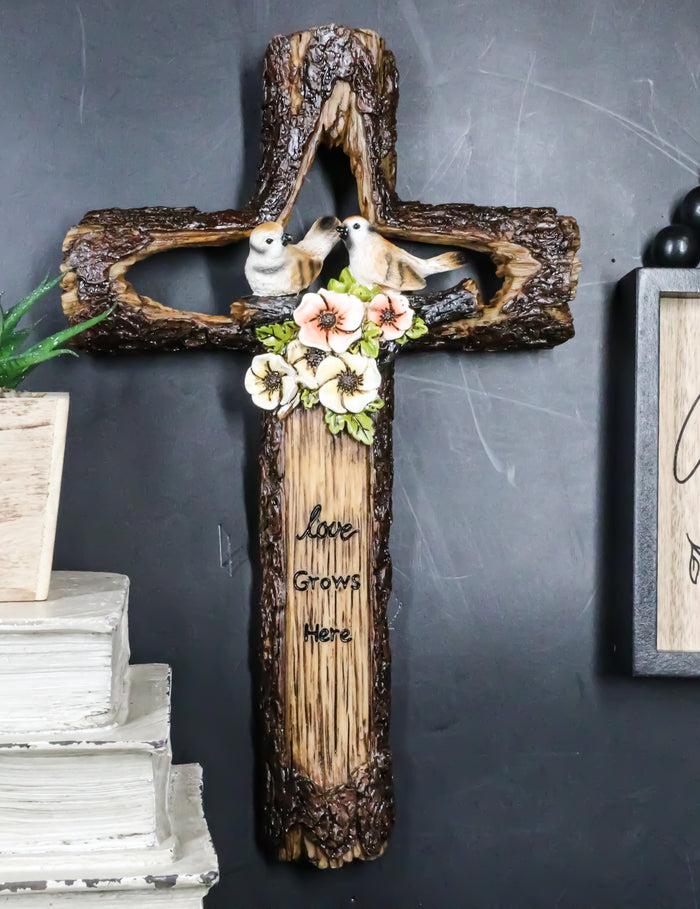 ebros gift Rustic Love Grows Here Birds On Branch Flowers Faux Wooden Tree Bark Wall Cross