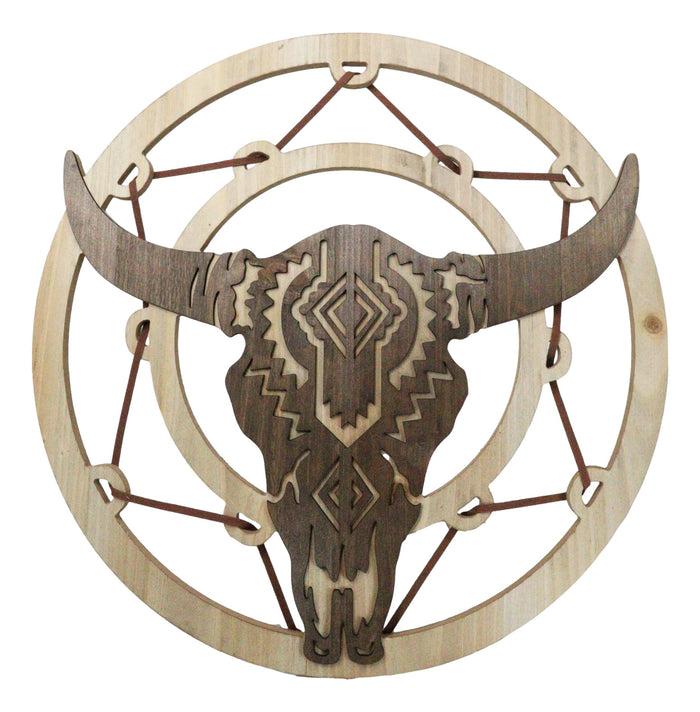 ebros gift Rustic MDF Wood Buffalo Cow Skull Dreamcatcher Web Circle Wall Decor Plaque