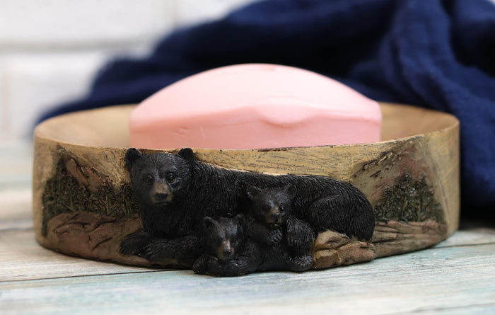Ebros Gift Rustic Mountain Black Mama Bear With Cubs By Pine Trees Bar Soap Dish Holder