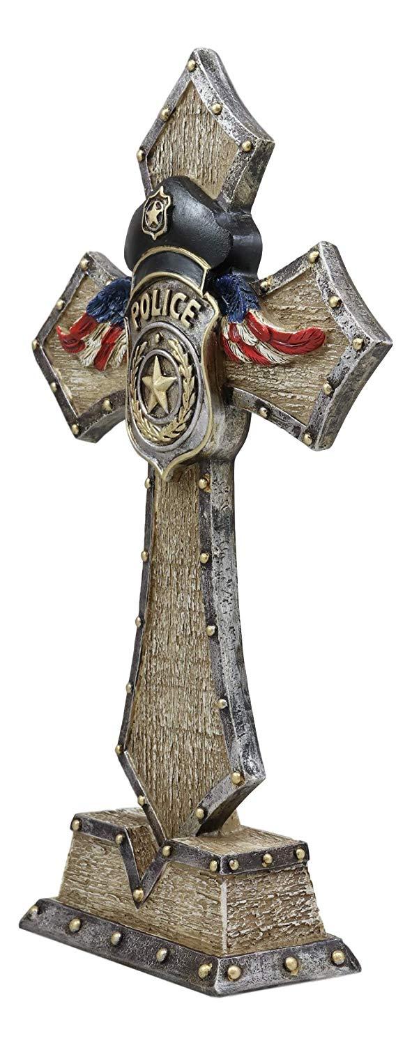 Ebros Gift Rustic Patriotic USA Flag Police Law Enforcement Badge Standing Cross Statue