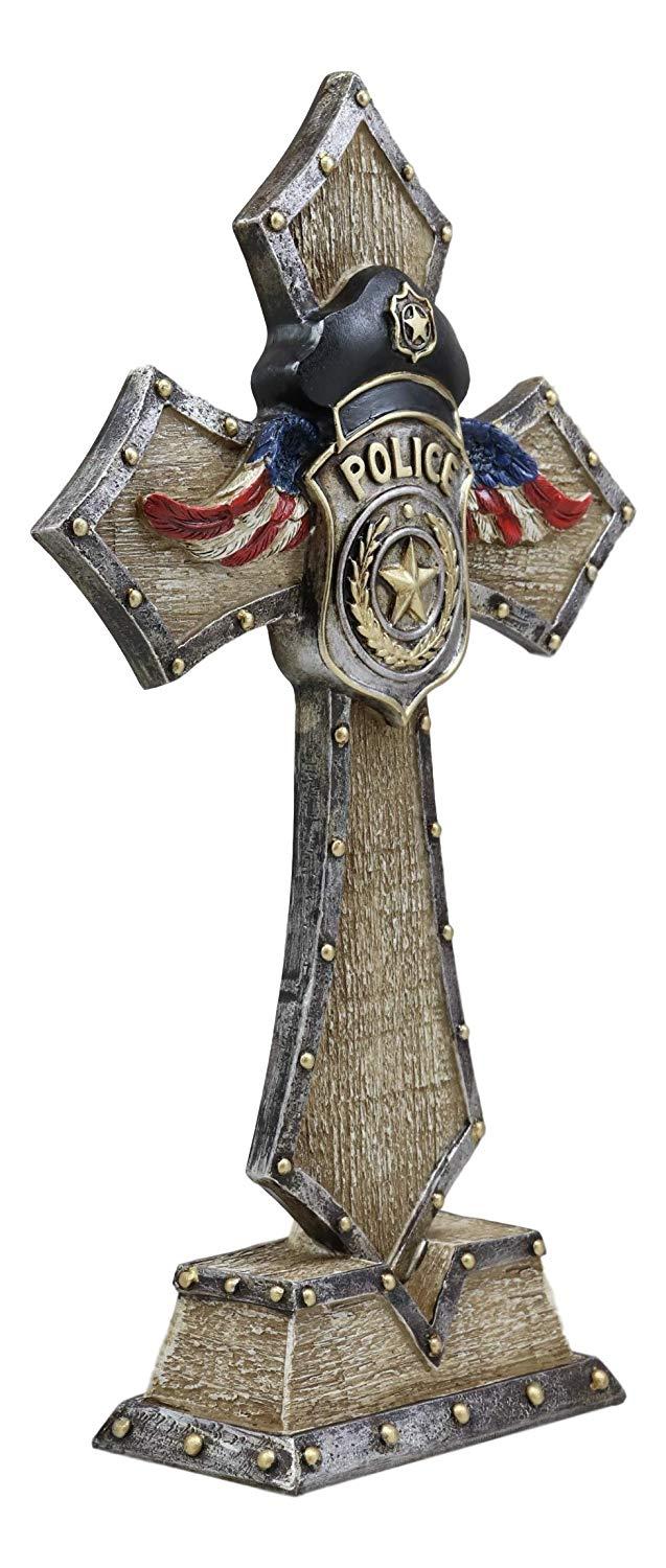 Ebros Gift Rustic Patriotic USA Flag Police Law Enforcement Badge Standing Cross Statue