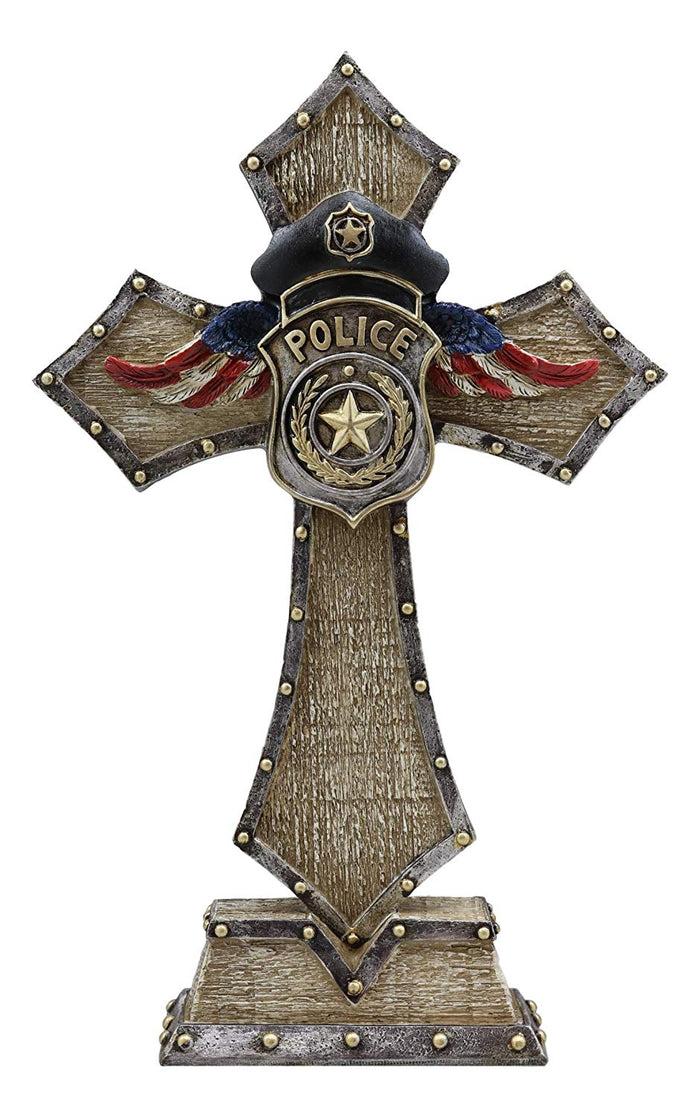 ebros gift Rustic Patriotic USA Flag Police Law Enforcement Badge Standing Cross Statue