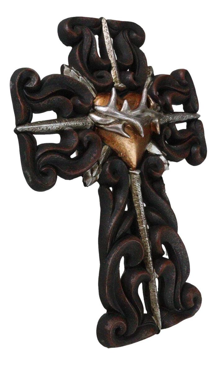 Ebros Gift Rustic Sacred Heart Crown Of Thorns And Spike Nails Faux Wooden Wall Cross Decor