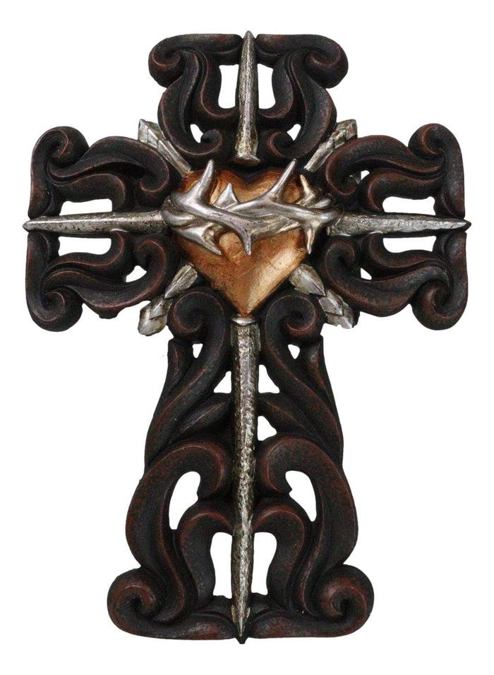 ebros gift Rustic Sacred Heart Crown of Thorns And Spike Nails Faux Wooden Wall Cross Decor