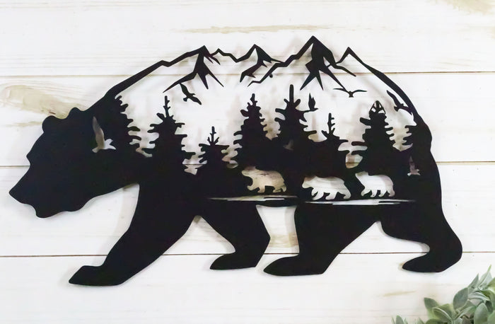 Ebros Gift Rustic Scenic Black Bear With Cubs Pine Forest Mountains Wall Metal Cutout Decor