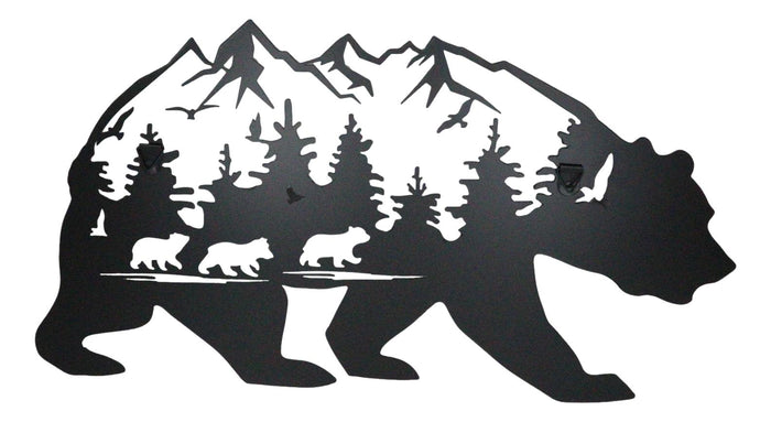 Ebros Gift Rustic Scenic Black Bear With Cubs Pine Forest Mountains Wall Metal Cutout Decor