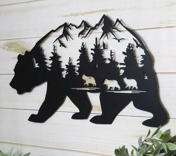 ebros gift Rustic Scenic Black Bear With Cubs Pine Forest Mountains Wall Metal Cutout Decor