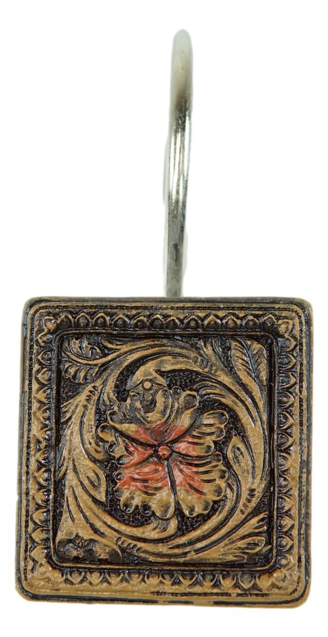 Ebros Gift Rustic Scroll Floral Blossoms Tooled Leather Bathroom Shower Curtain Hooks 12pk