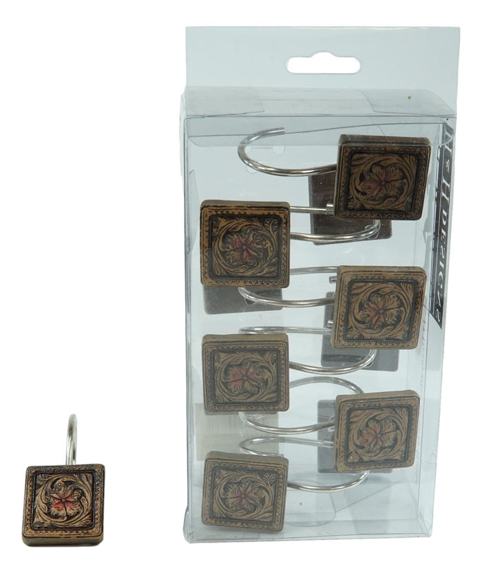 Ebros Gift Rustic Scroll Floral Blossoms Tooled Leather Bathroom Shower Curtain Hooks 12pk