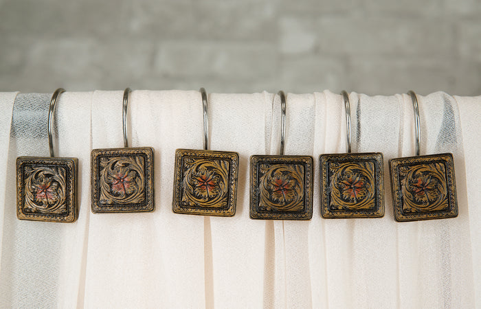 Ebros Gift Rustic Scroll Floral Blossoms Tooled Leather Bathroom Shower Curtain Hooks 12pk