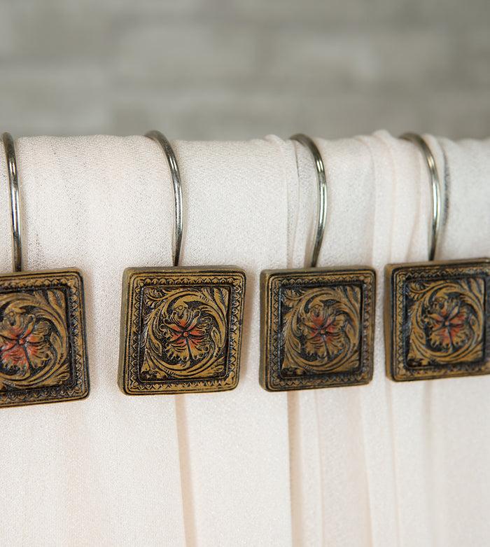 ebros gift Rustic Scroll Floral Blossoms Tooled Leather Bathroom Shower Curtain Hooks 12pk