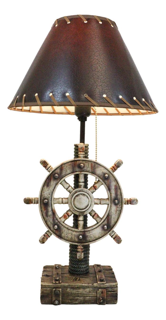 Ebros Gift Rustic Sea Nautical Pirate Captain Ship Helm Steering Wheel Table Lamp W/ Shade