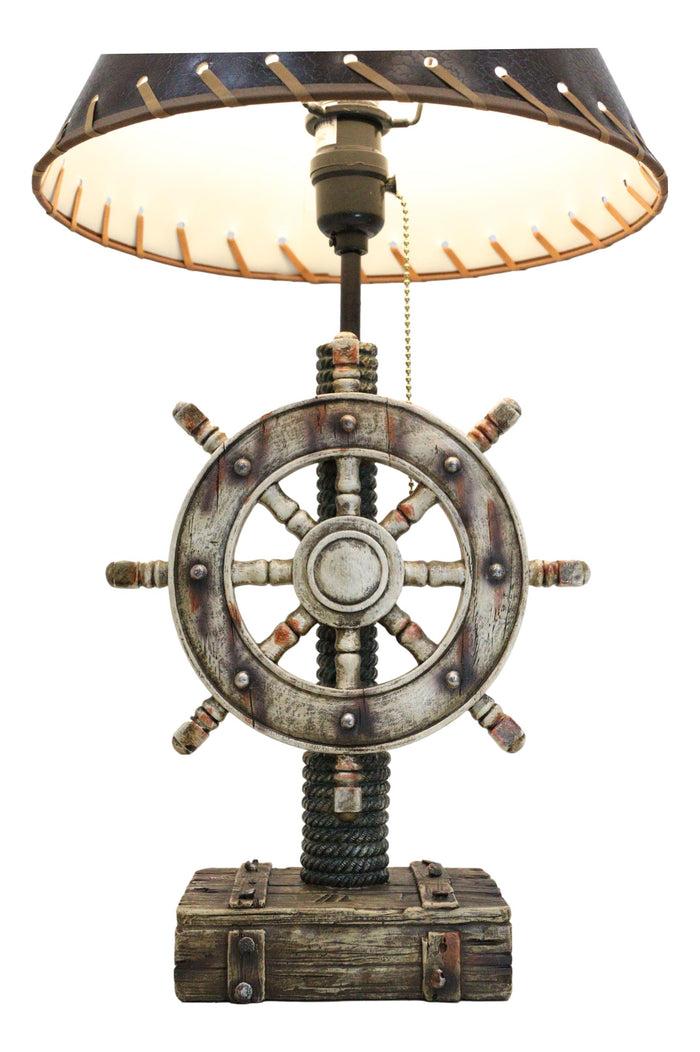 Ebros Gift Rustic Sea Nautical Pirate Captain Ship Helm Steering Wheel Table Lamp W/ Shade