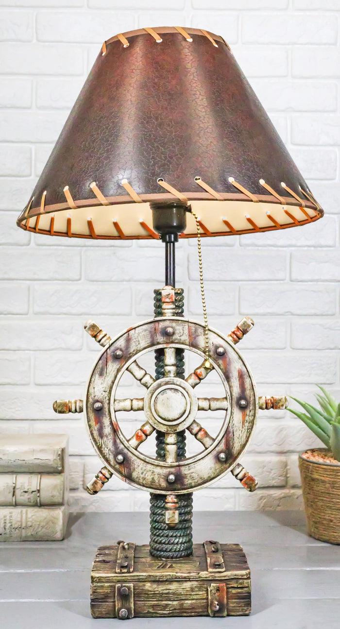 ebros gift Rustic Sea Nautical Pirate Captain Ship Helm Steering Wheel Table Lamp W/ Shade