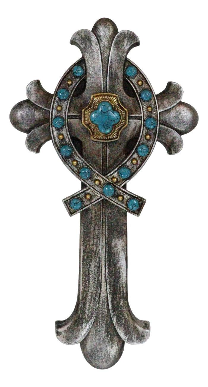 Ebros Gift Rustic Silver Finish Fleur De Lis Greek Ichthys Christ Fish Turquoise Wall Cross
