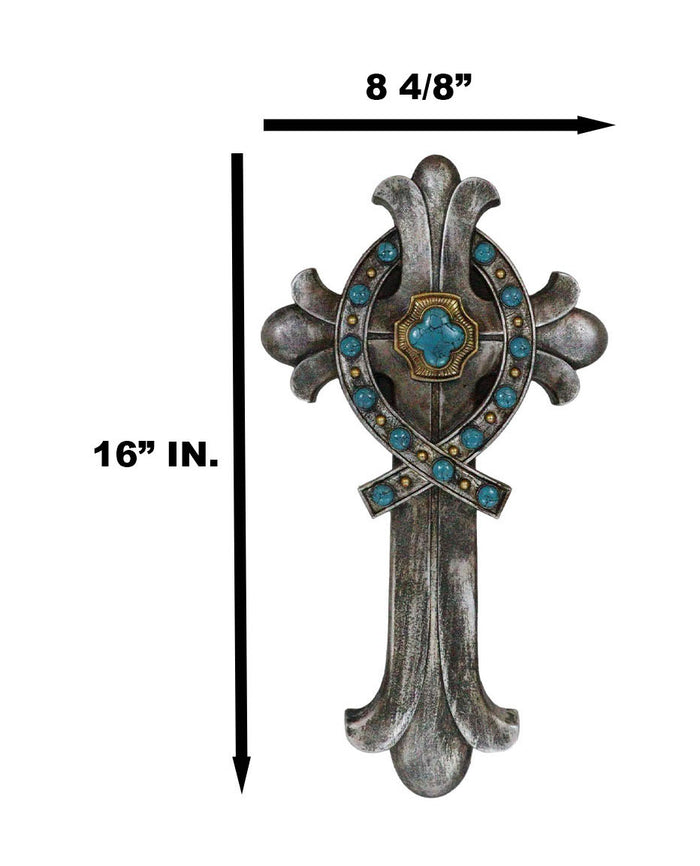 Ebros Gift Rustic Silver Finish Fleur De Lis Greek Ichthys Christ Fish Turquoise Wall Cross