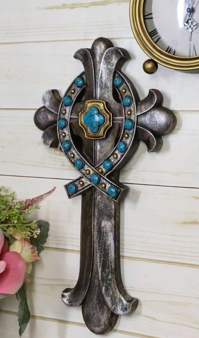 ebros gift Rustic Silver Finish Fleur De Lis Greek Ichthys Christ Fish Turquoise Wall Cross