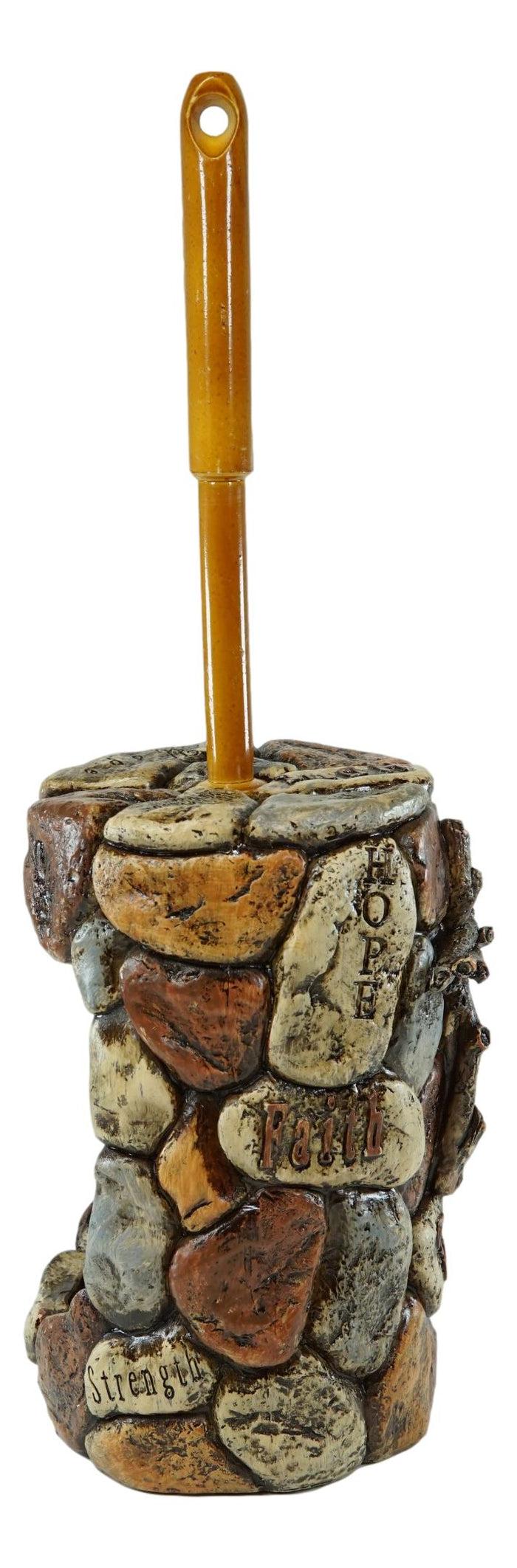 Ebros Gift Rustic Solid Rock Of Christ Cross Joy Hope Peace Love Toilet Brush & Holder Set