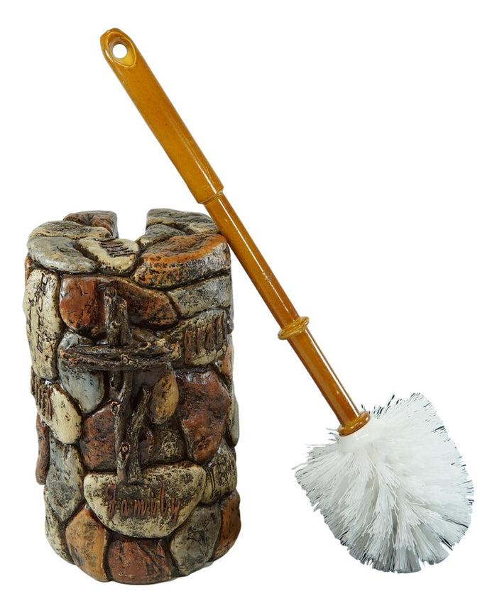 Ebros Gift Rustic Solid Rock Of Christ Cross Joy Hope Peace Love Toilet Brush & Holder Set