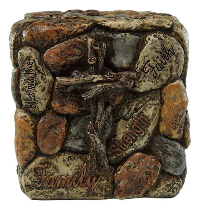 Ebros Gift Rustic Solid Rock Of Christ Cross Joy Hope Peace Love Tissue Box Holder Cover