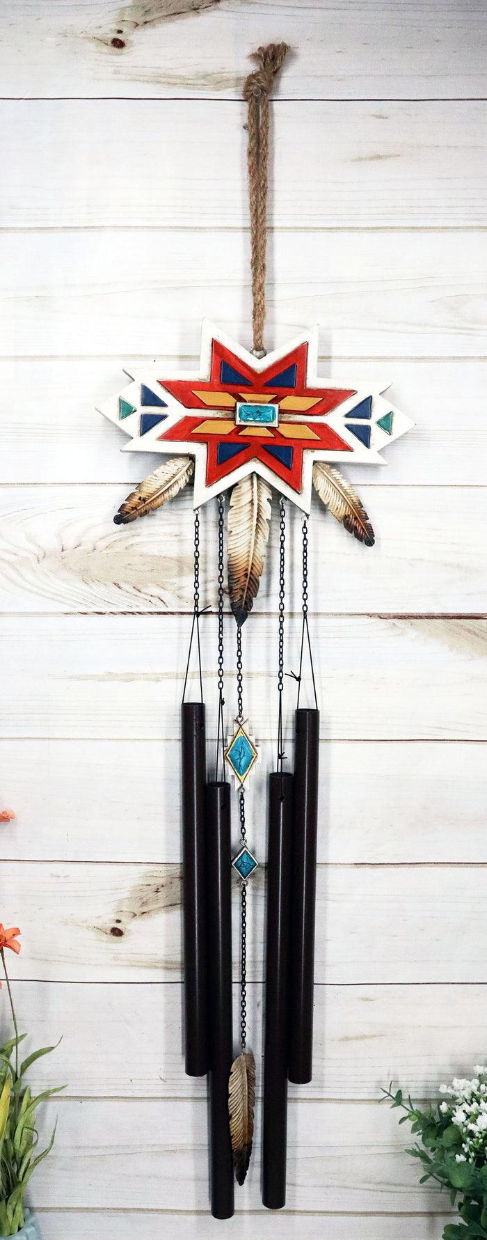 ebros gift Rustic Southwest Boho Chic 3 Feathers Colorful Vectors Star Symbol Wind Chime
