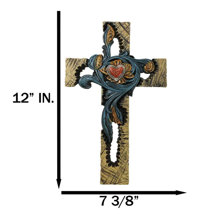 Ebros Gift Rustic Southwest Faux Wooden Turquoise Flowers And Red Heart Wall Cross Cutout