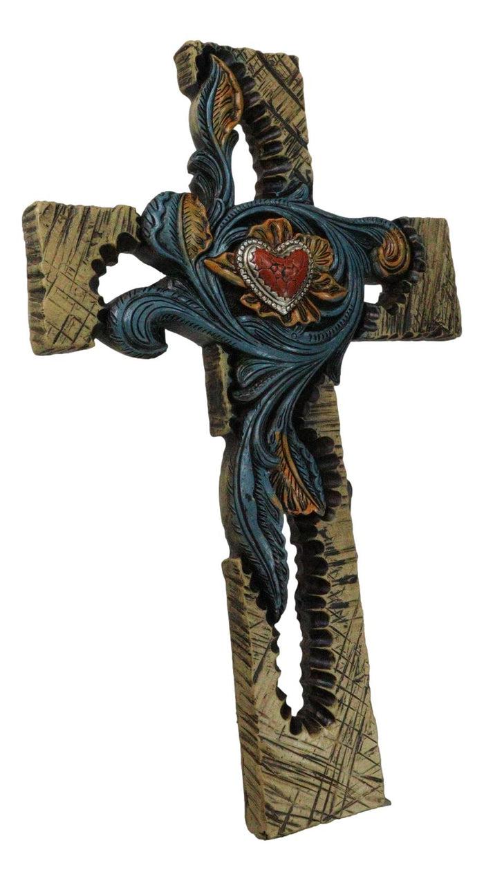 Ebros Gift Rustic Southwest Faux Wooden Turquoise Flowers And Red Heart Wall Cross Cutout