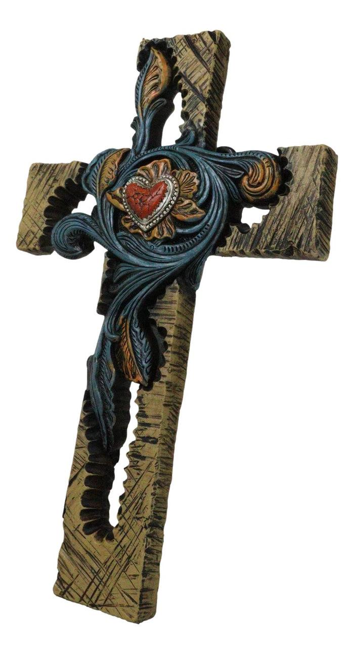 Ebros Gift Rustic Southwest Faux Wooden Turquoise Flowers And Red Heart Wall Cross Cutout