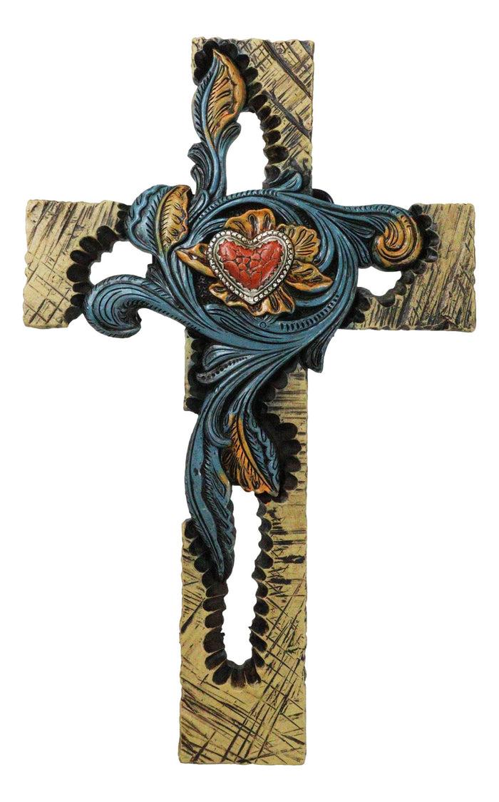 ebros gift Rustic Southwest Faux Wooden Turquoise Flowers And Red Heart Wall Cross Cutout