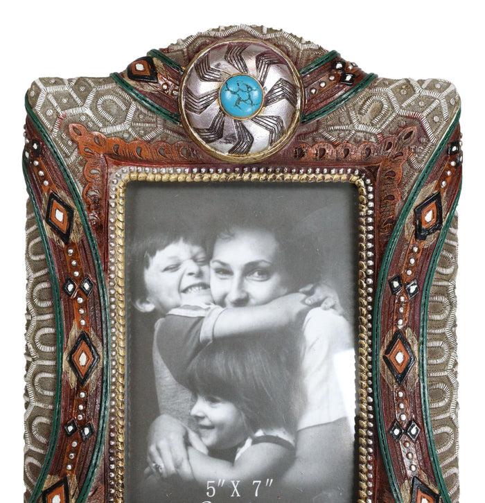 Ebros Gift Rustic Southwest Silver Concho Turquoise Gem Tribal Patterns Picture Frame 5"X7"