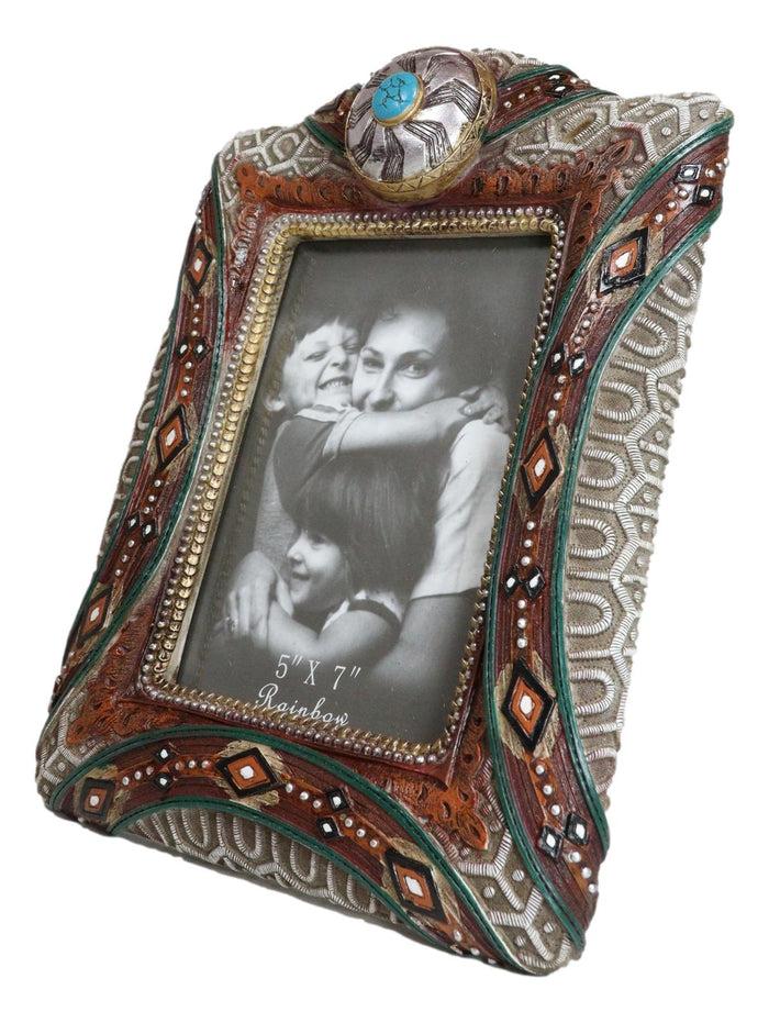Ebros Gift Rustic Southwest Silver Concho Turquoise Gem Tribal Patterns Picture Frame 5"X7"
