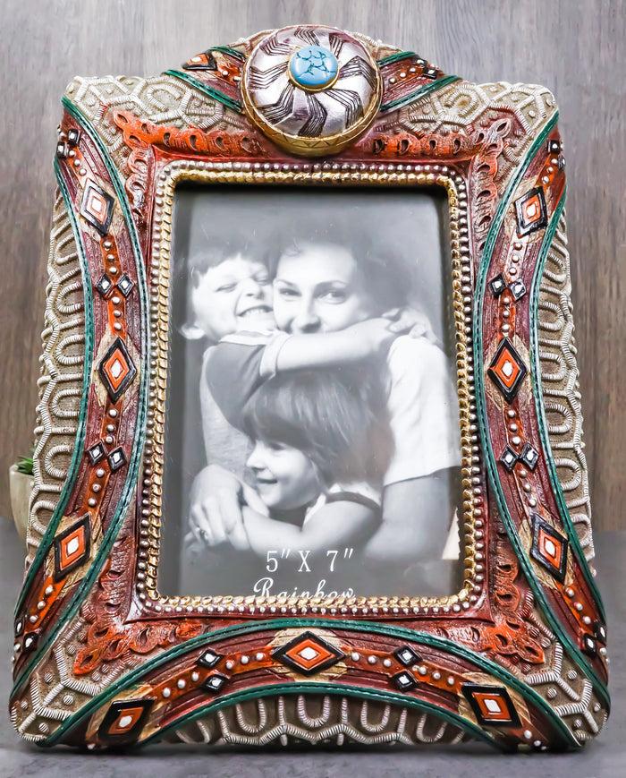ebros gift Rustic Southwest Silver Concho Turquoise Gem Tribal Patterns Picture Frame 5"X7"