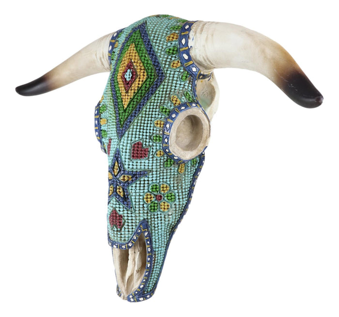 Ebros Gift Rustic Southwest Steer Bison Cow Skull With Aztec Beaded Turquoise Wall Decor