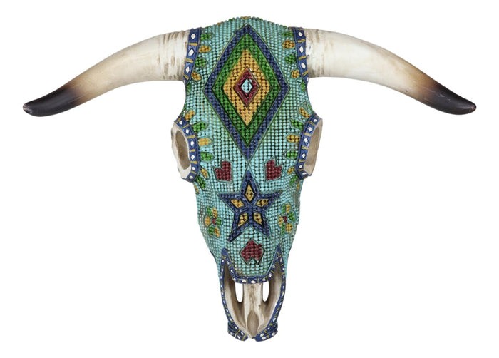 Ebros Gift Rustic Southwest Steer Bison Cow Skull With Aztec Beaded Turquoise Wall Decor