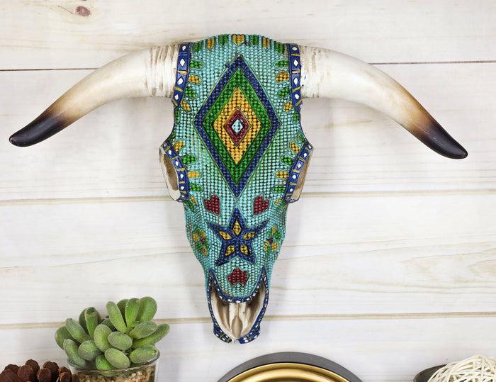ebros gift Rustic Southwest Steer Bison Cow Skull With Aztec Beaded Turquoise Wall Decor
