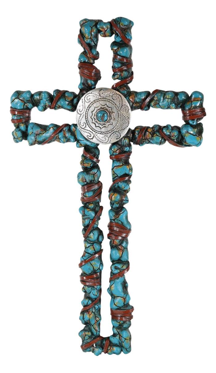 Ebros Gift Rustic Southwestern Crackled Turquoise Rocks And Western Concho Wall Cross Decor
