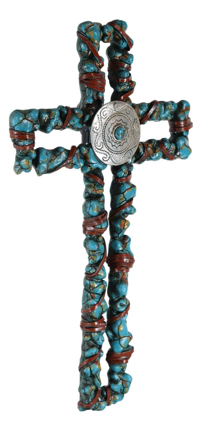 Ebros Gift Rustic Southwestern Crackled Turquoise Rocks And Western Concho Wall Cross Decor