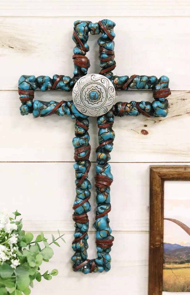 ebros gift Rustic Southwestern Crackled Turquoise Rocks And Western Concho Wall Cross Decor