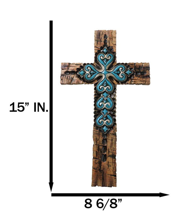 Ebros Gift Rustic Southwestern Faux Wooden Turquoise Fleur De Lis Scrollwork Wall Cross