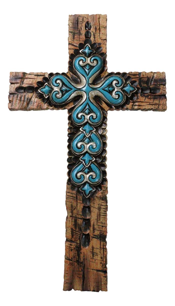 ebros gift Rustic Southwestern Faux Wooden Turquoise Fleur De Lis Scrollwork Wall Cross